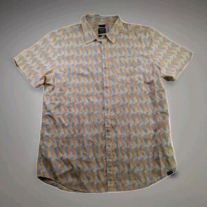 PrAna Size L Men's Organic Cotton Short Sleeve Button Up Shirt Unique Print